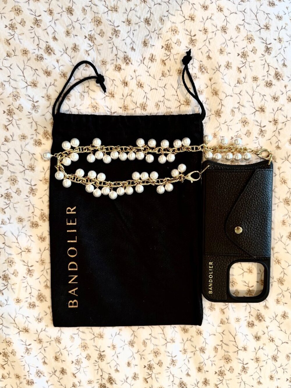 Bandolier Emelia iPhone 16 Pro Case + Emelia Long Wristlet – Black/Pearl Gold